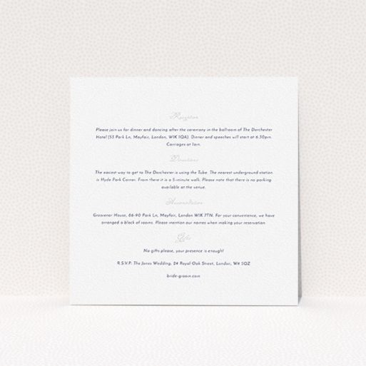 Wedding Information Insert Sheets - Wedding Bells (Grey) A wedding info sheet named "Wedding bells". It is a square (148mm x 148mm) card in a square orientation. "Wedding bells" is available as a flat card, with mainly white colouring.