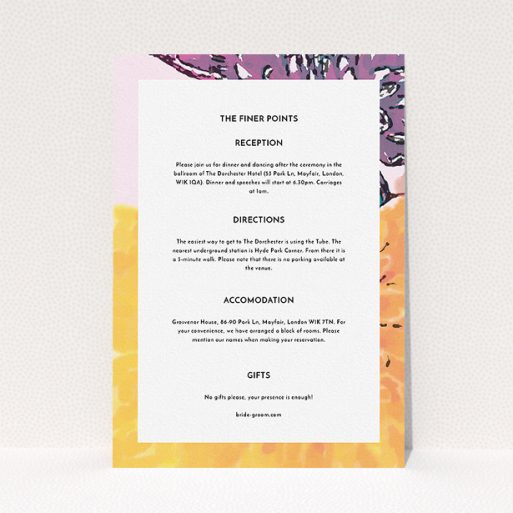 Wedding Information Sheet Design - "A delivery of spring" A wedding information sheet design called "A delivery of spring". It is an A5 card in a portrait orientation. "A delivery of spring" is available as a flat card, with mainly purple colouring.