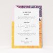 A wedding information sheet design called "A delivery of spring". It is an A5 card in a portrait orientation. "A delivery of spring" is available as a flat card, with mainly purple colouring.