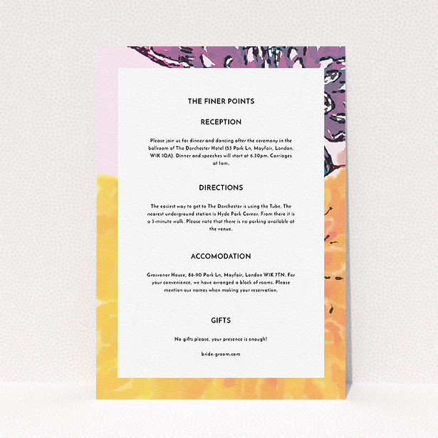 A wedding information sheet design called "A delivery of spring". It is an A5 card in a portrait orientation. "A delivery of spring" is available as a flat card, with mainly purple colouring.