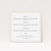 A wedding information sheet template titled "A hint of confetti". It is a square (148mm x 148mm) card in a square orientation. "A hint of confetti" is available as a flat card, with tones of cream and red.
