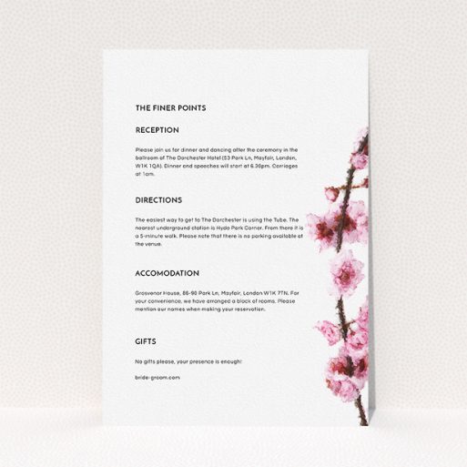 Wedding Information Sheet Design - "A side of Blossom" A wedding information sheet design called "A side of Blossom". It is an A5 card in a portrait orientation. "A side of Blossom" is available as a flat card, with mainly light pink colouring.