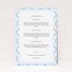 A wedding information sheet design named "Arabian diamonds". It is an A5 card in a portrait orientation. "Arabian diamonds" is available as a flat card, with mainly light blue colouring.