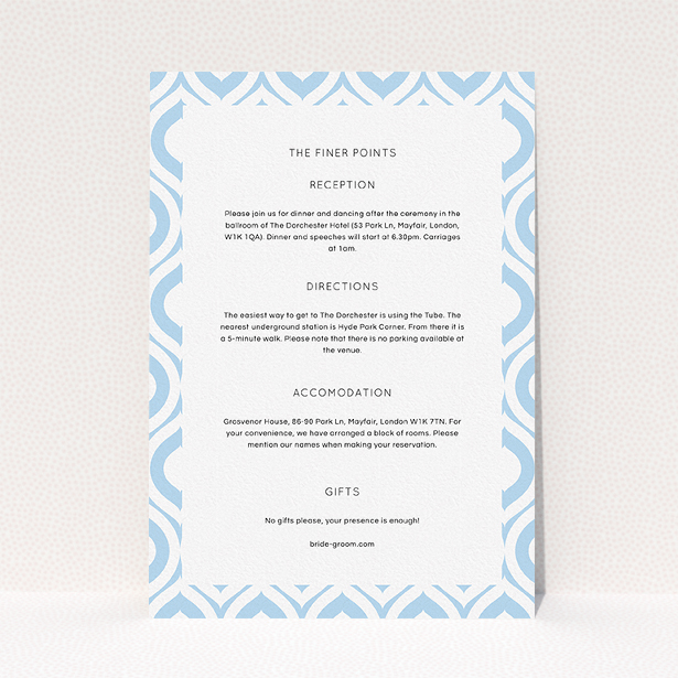 A wedding information sheet design named "Arabian diamonds". It is an A5 card in a portrait orientation. "Arabian diamonds" is available as a flat card, with mainly light blue colouring.