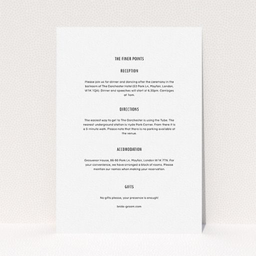 Wedding Information Insert Sheets - Around The Corner (Black) A wedding information sheet template titled "Around the corner". It is an A5 card in a portrait orientation. "Around the corner" is available as a flat card, with mainly white colouring.
