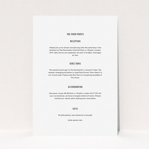 A wedding information sheet template titled "Around the corner". It is an A5 card in a portrait orientation. "Around the corner" is available as a flat card, with mainly white colouring.