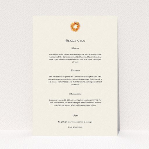 Wedding Information Sheet Design - "Autumn wreath " A wedding information sheet template titled "Autumn wreath ". It is an A5 card in a portrait orientation. "Autumn wreath " is available as a flat card, with tones of cream and orange.