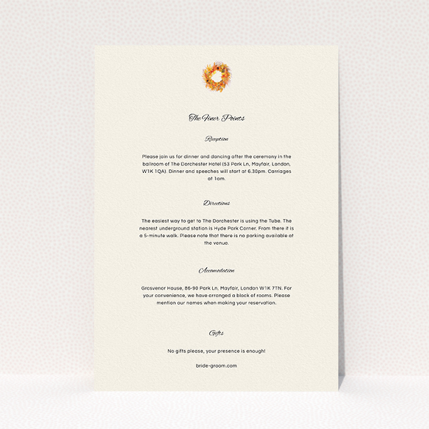 A wedding information sheet template titled "Autumn wreath ". It is an A5 card in a portrait orientation. "Autumn wreath " is available as a flat card, with tones of cream and orange.