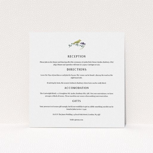Wedding Information Sheet Design - "Birdsong" A wedding information sheet design called "Birdsong". It is a square (148mm x 148mm) card in a square orientation. "Birdsong" is available as a flat card, with mainly off-white colouring.