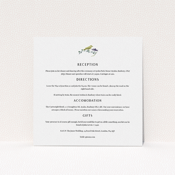 A wedding information sheet design called "Birdsong". It is a square (148mm x 148mm) card in a square orientation. "Birdsong" is available as a flat card, with mainly off-white colouring.