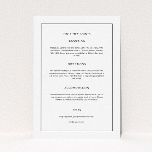 Wedding Information Sheet Design - "Black on black" A wedding information sheet called "Black on black". It is an A5 card in a portrait orientation. "Black on black" is available as a flat card, with mainly white colouring.