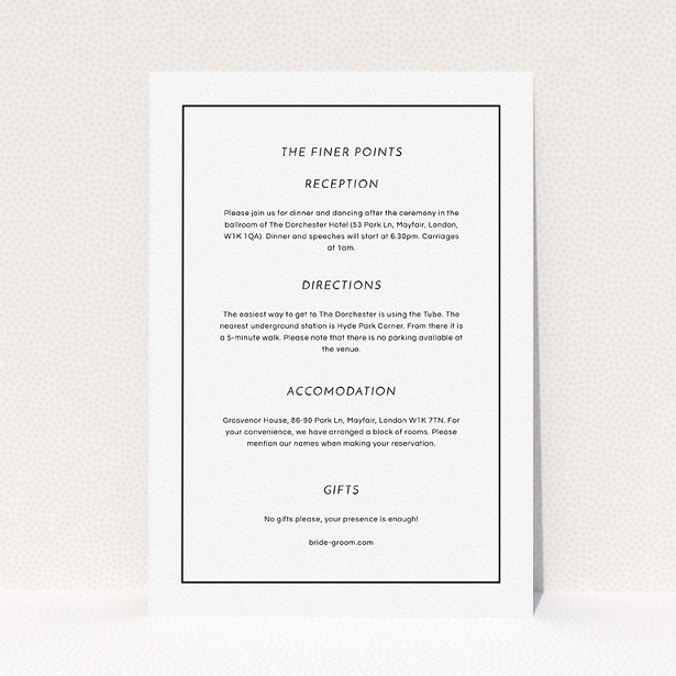A wedding information sheet called "Black on black". It is an A5 card in a portrait orientation. "Black on black" is available as a flat card, with mainly white colouring.