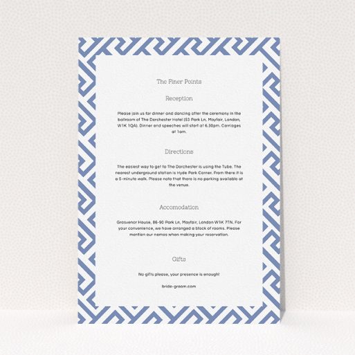 Wedding Information Sheet Design - "Blue and white maze" A wedding information sheet design titled "Blue and white maze". It is an A5 card in a portrait orientation. "Blue and white maze" is available as a flat card, with mainly light blue colouring.