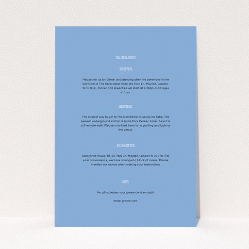 Wedding Information Insert Sheets - Bold Border (Middle Blue) A wedding information sheet design named "Bold border". It is an A5 card in a portrait orientation. "Bold border" is available as a flat card, with mainly light blue colouring.