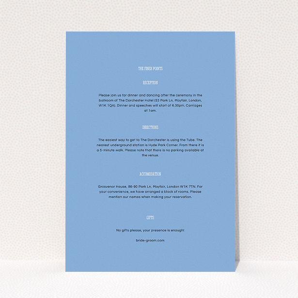 A wedding information sheet design named "Bold border". It is an A5 card in a portrait orientation. "Bold border" is available as a flat card, with mainly light blue colouring.