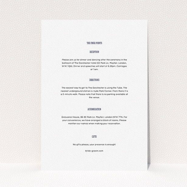 A wedding information sheet template titled "Bold border". It is an A5 card in a portrait orientation. "Bold border" is available as a flat card, with mainly white colouring.