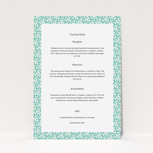 Wedding Information Sheet Design - "Born in the 80s" A wedding information sheet named "Born in the 80s". It is an A5 card in a portrait orientation. "Born in the 80s" is available as a flat card, with mainly green colouring.