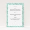 A wedding information sheet named "Born in the 80s". It is an A5 card in a portrait orientation. "Born in the 80s" is available as a flat card, with mainly green colouring.