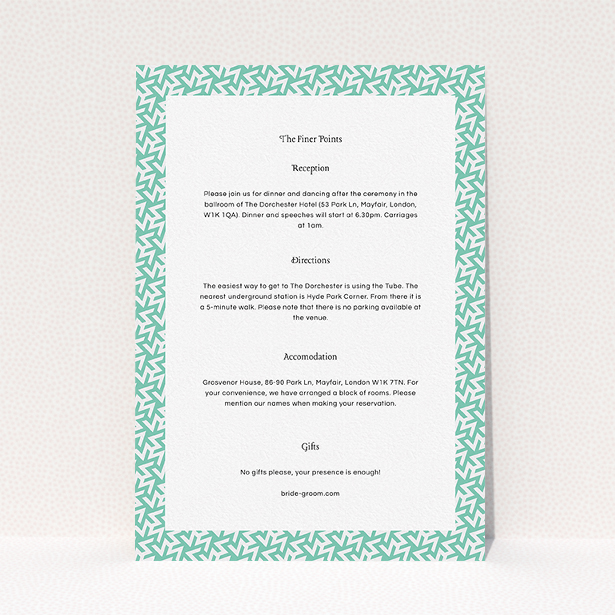A wedding information sheet named "Born in the 80s". It is an A5 card in a portrait orientation. "Born in the 80s" is available as a flat card, with mainly green colouring.