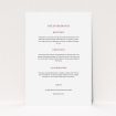 A wedding information sheet design called "Bullet point". It is an A5 card in a portrait orientation. "Bullet point" is available as a flat card, with mainly white colouring.