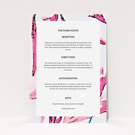 Wedding Information Sheet Design - "By the river bank" A wedding information sheet design titled "By the river bank". It is an A5 card in a portrait orientation. "By the river bank" is available as a flat card, with mainly pink colouring.