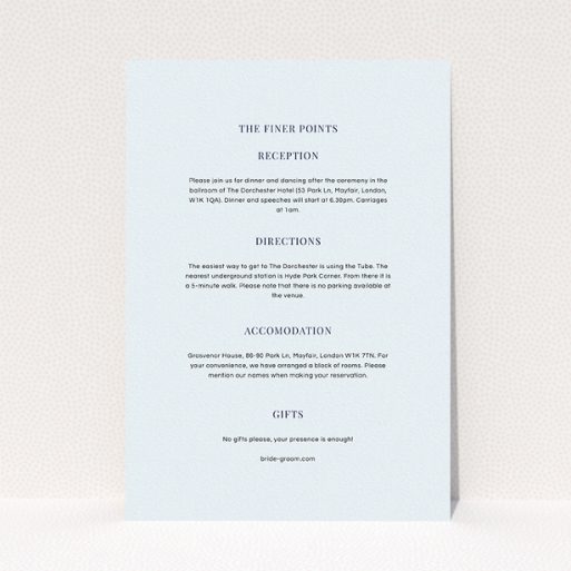 Wedding Information Insert Sheets - Classic Face (Light Blue) A wedding information sheet named "Classic face". It is an A5 card in a portrait orientation. "Classic face" is available as a flat card, with mainly light blue colouring.