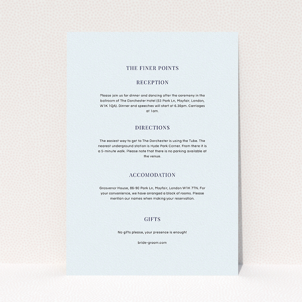 A wedding information sheet named "Classic face". It is an A5 card in a portrait orientation. "Classic face" is available as a flat card, with mainly light blue colouring.
