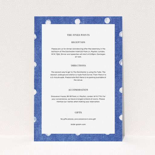 Wedding Information Sheet Design - "Cloth polkadots" A wedding information sheet template titled "Cloth polkadots". It is an A5 card in a portrait orientation. "Cloth polkadots" is available as a flat card, with tones of blue and white.
