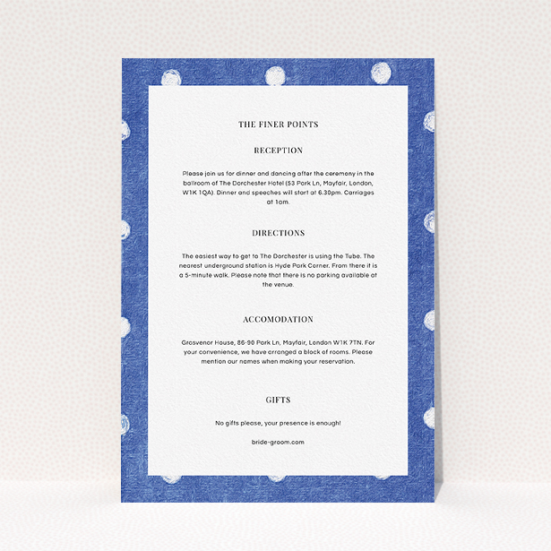 A wedding information sheet template titled "Cloth polkadots". It is an A5 card in a portrait orientation. "Cloth polkadots" is available as a flat card, with tones of blue and white.