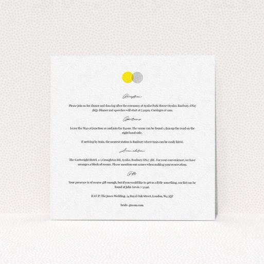 Wedding Information Sheet Design - "Cork Stamps" A wedding information sheet named "Cork Stamps". It is a square (148mm x 148mm) card in a square orientation. "Cork Stamps" is available as a flat card, with tones of white and grey.