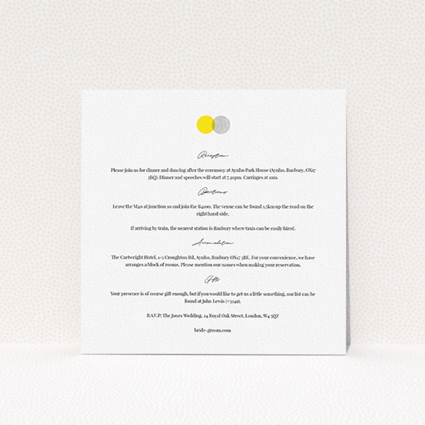 A wedding information sheet named "Cork Stamps". It is a square (148mm x 148mm) card in a square orientation. "Cork Stamps" is available as a flat card, with tones of white and grey.