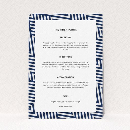Wedding Information Sheet Design - "Diamond scratch" A wedding information sheet design called "Diamond scratch". It is an A5 card in a portrait orientation. "Diamond scratch" is available as a flat card, with tones of navy blue and white.