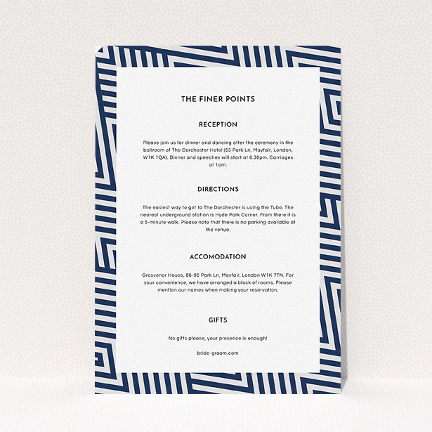 A wedding information sheet design called "Diamond scratch". It is an A5 card in a portrait orientation. "Diamond scratch" is available as a flat card, with tones of navy blue and white.