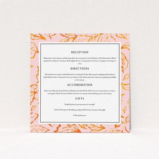 Wedding Information Sheet Design - "Falling Foliage" A wedding information sheet called "Falling Foliage". It is a square (148mm x 148mm) card in a square orientation. "Falling Foliage" is available as a flat card, with tones of pink and orange.