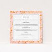 A wedding information sheet called "Falling Foliage". It is a square (148mm x 148mm) card in a square orientation. "Falling Foliage" is available as a flat card, with tones of pink and orange.