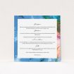 A wedding information sheet template titled "From the Sunbed". It is a square (148mm x 148mm) card in a square orientation. "From the Sunbed" is available as a flat card, with tones of sky blue and green.