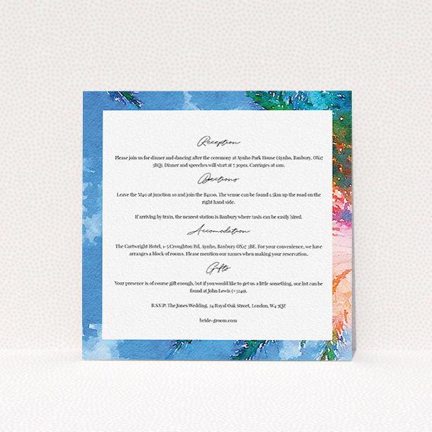 A wedding information sheet template titled "From the Sunbed". It is a square (148mm x 148mm) card in a square orientation. "From the Sunbed" is available as a flat card, with tones of sky blue and green.