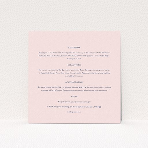 Wedding Information Insert Sheets - Front And Centre (Pink) A wedding information sheet design titled "Front and centre". It is a square (148mm x 148mm) card in a square orientation. "Front and centre" is available as a flat card, with mainly light pink colouring.