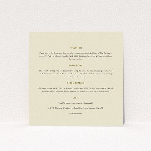 Wedding Information Insert Sheets - Full Knot (Cream) A wedding information sheet called "Full knot". It is a square (148mm x 148mm) card in a square orientation. "Full knot" is available as a flat card, with mainly cream colouring.