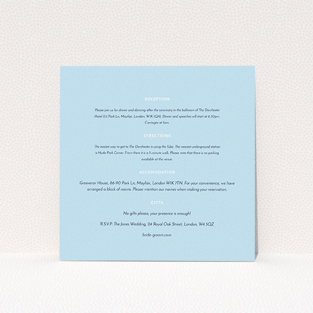 A wedding information sheet template titled "Full knot". It is a square (148mm x 148mm) card in a square orientation. "Full knot" is available as a flat card, with mainly light blue colouring.