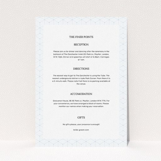 Wedding Information Sheet Design - "Geometric grid" A wedding information sheet called "Geometric grid". It is an A5 card in a portrait orientation. "Geometric grid" is available as a flat card, with mainly light blue colouring.