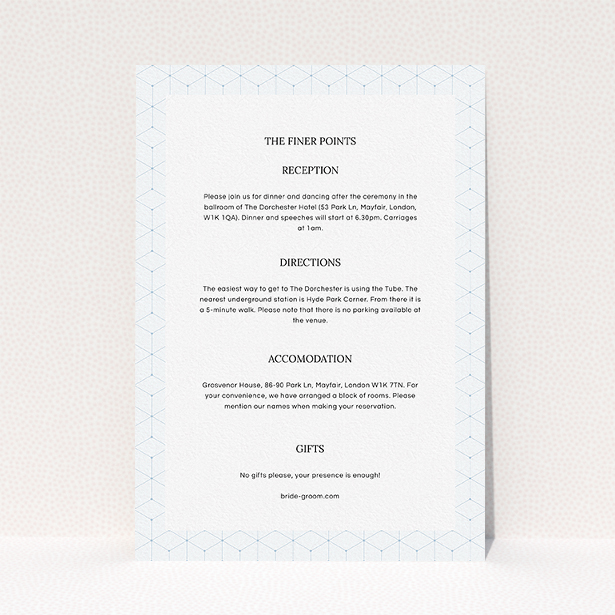 A wedding information sheet called "Geometric grid". It is an A5 card in a portrait orientation. "Geometric grid" is available as a flat card, with mainly light blue colouring.