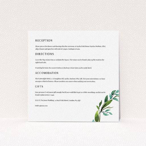 Wedding Information Sheet Design - "Greek Wreath" A wedding information sheet template titled "Greek Wreath". It is a square (148mm x 148mm) card in a square orientation. "Greek Wreath" is available as a flat card, with tones of white and green.