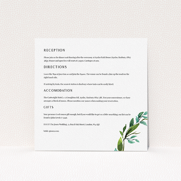 A wedding information sheet template titled "Greek Wreath". It is a square (148mm x 148mm) card in a square orientation. "Greek Wreath" is available as a flat card, with tones of white and green.