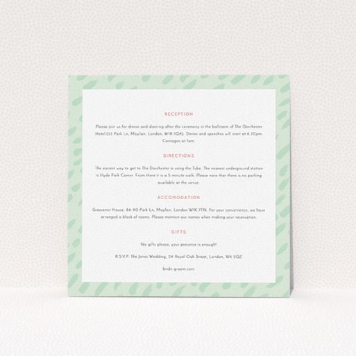 Wedding Information Sheet Design - "Green Strokes" A wedding information sheet design called "Green Strokes". It is a square (148mm x 148mm) card in a square orientation. "Green Strokes" is available as a flat card, with mainly green colouring.