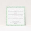 A wedding information sheet design called "Green Strokes". It is a square (148mm x 148mm) card in a square orientation. "Green Strokes" is available as a flat card, with mainly green colouring.
