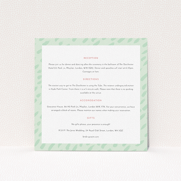 A wedding information sheet design called "Green Strokes". It is a square (148mm x 148mm) card in a square orientation. "Green Strokes" is available as a flat card, with mainly green colouring.