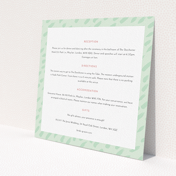 A wedding information sheet design called "Green Strokes". It is a square (148mm x 148mm) card in a square orientation. "Green Strokes" is available as a flat card, with mainly green colouring.