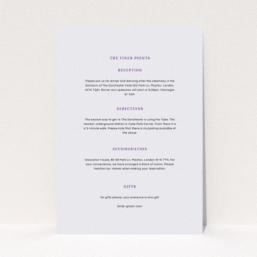 Wedding Information Insert Sheets - Harrison Notch (Purple) A wedding information sheet called "Harrison notch". It is an A5 card in a portrait orientation. "Harrison notch" is available as a flat card, with mainly white colouring.