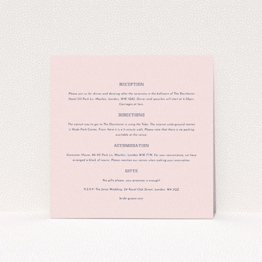 Wedding Information Sheet Design - "In between the lines square" A wedding information sheet called "In between the lines square". It is a square (148mm x 148mm) card in a square orientation. "In between the lines square" is available as a flat card, with mainly light pink colouring.